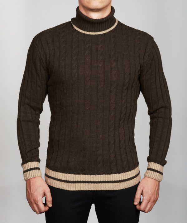 Vyriškas rudos spalvos megztinis aukštu kaklu